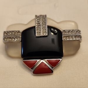 Art Deco 89 Vintage Geometric Numbered Brooch w/Black, Cream Red Accents Costume